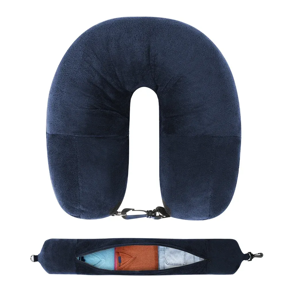 Housse d'oreiller de cou en forme de U en velours pour voyage en avion, avec sac de rangement 9