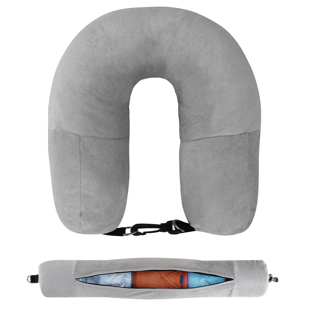 Housse d'oreiller de cou en forme de U en velours pour voyage en avion, avec sac de rangement 8