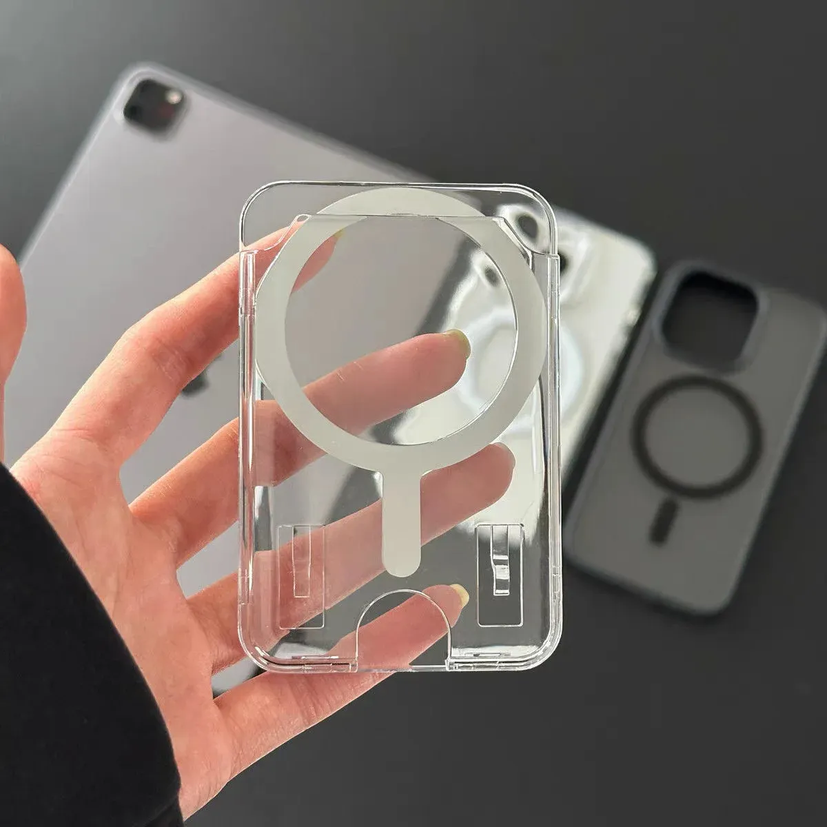 Porte-cartes magnétique transparent en acrylique avec pochette photo, compatible MagSafe