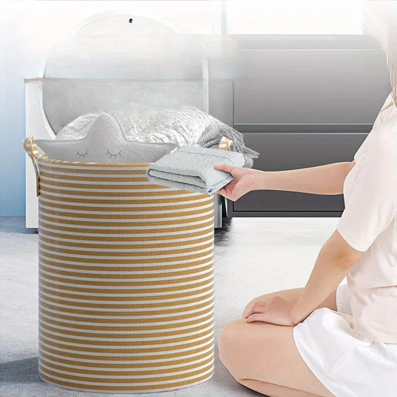 Panier à linge pliable minimaliste rayé, organisateur de rangement multi-usage pour salle de bain et chambre 6