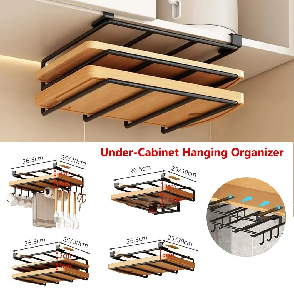 Support de rangement suspendu sous placard de cuisine avec crochets, distributeur d'essuie-tout, chiffons, planche à découper, range-couvercles et étagère de rangement - Image 1