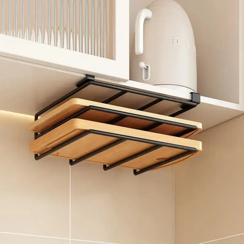 Support de rangement suspendu sous placard de cuisine avec crochets, distributeur d'essuie-tout, chiffons, planche à découper, range-couvercles et étagère de rangement 6