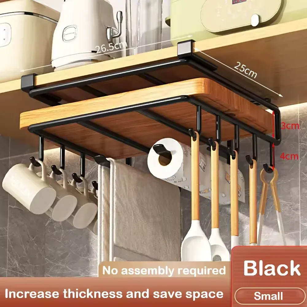 Support de rangement suspendu sous placard de cuisine avec crochets, distributeur d'essuie-tout, chiffons, planche à découper, range-couvercles et étagère de rangement 12