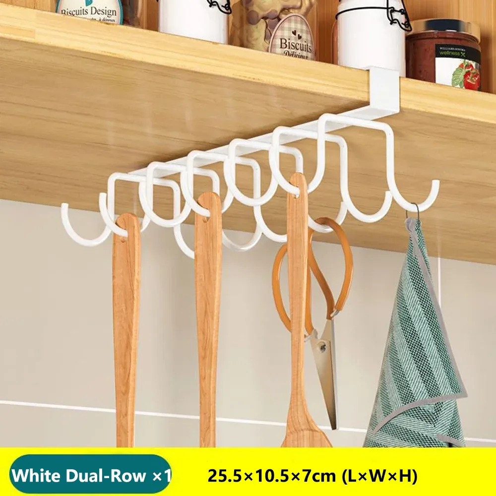 Support de rangement suspendu sous placard de cuisine avec crochets, distributeur d'essuie-tout, chiffons, planche à découper, range-couvercles et étagère de rangement 9