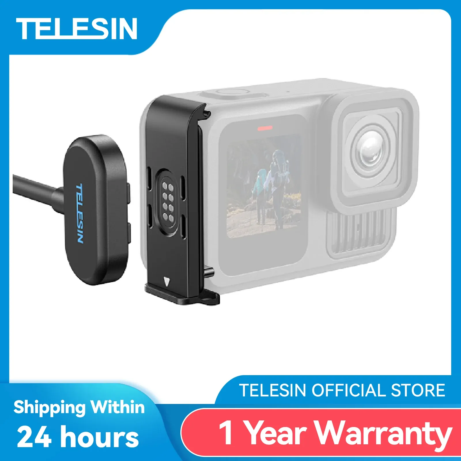 TELESIN – Kit de câbles de charge magnétiques étanches avec couvercle latéral pour GoPro Hero 9, 10, 11, 12, 13, couvercle de port de charge USB-C, facilement amovible - Image 1