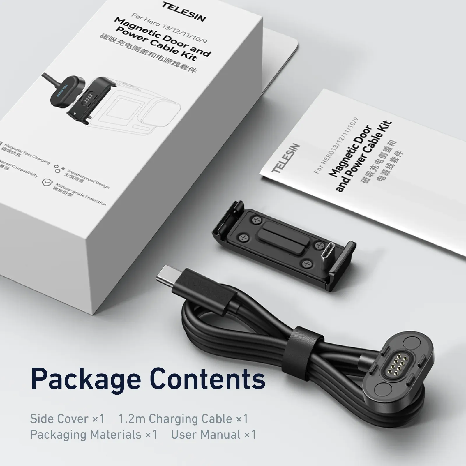 TELESIN – Kit de câbles de charge magnétiques étanches avec couvercle latéral pour GoPro Hero 9, 10, 11, 12, 13, couvercle de port de charge USB-C, facilement amovible 7