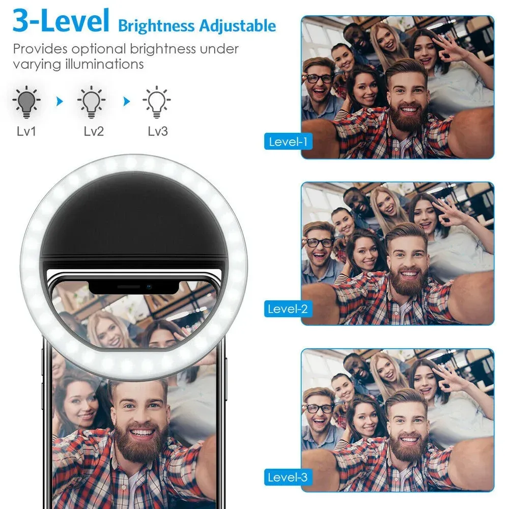 Anneau lumineux LED pour selfie à charge USB, compatible iPhone, Samsung, Xiaomi et Huawei 2