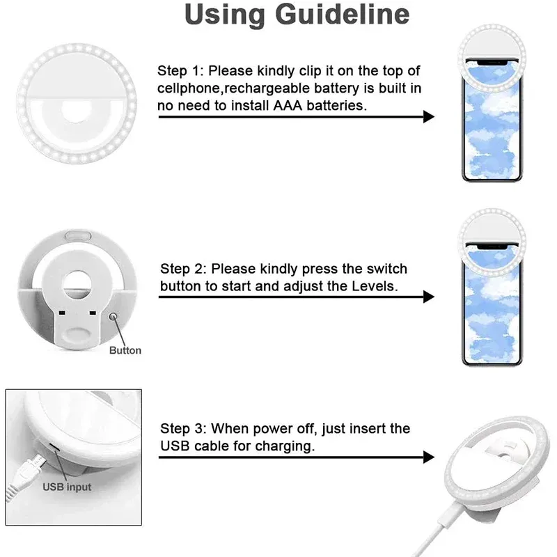 Anneau lumineux LED pour selfie à charge USB, compatible iPhone, Samsung, Xiaomi et Huawei 6