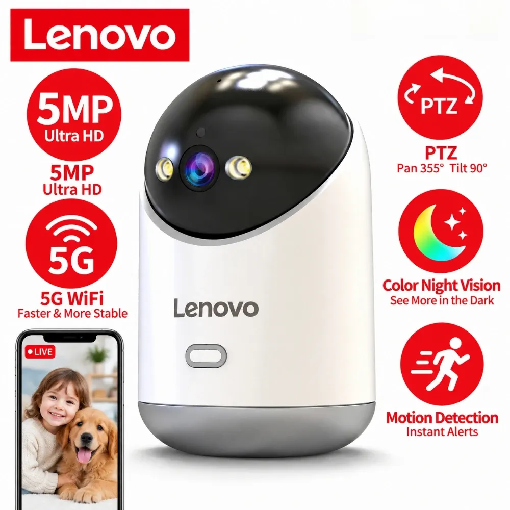 Caméra IP Lenovo 5MP sans fil HD pour intérieur, WiFi 5 GHz/2,4 GHz, suivi automatique, communication bidirectionnelle, moniteur de sécurité pour bébé 1