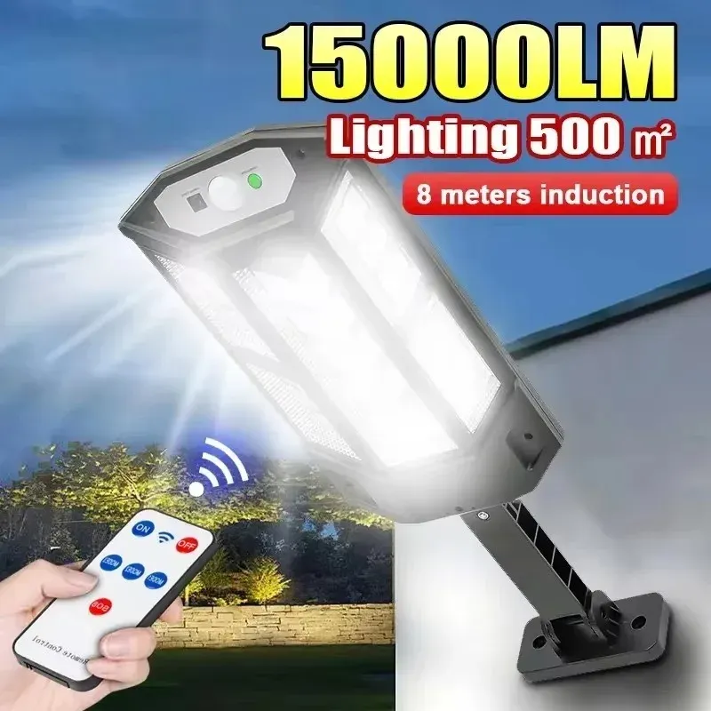 Projecteur solaire extérieur 15 000 lm, éclairage 500 m², détecteur de mouvement, IP65 étanche, lampe murale solaire pour jardin et rue