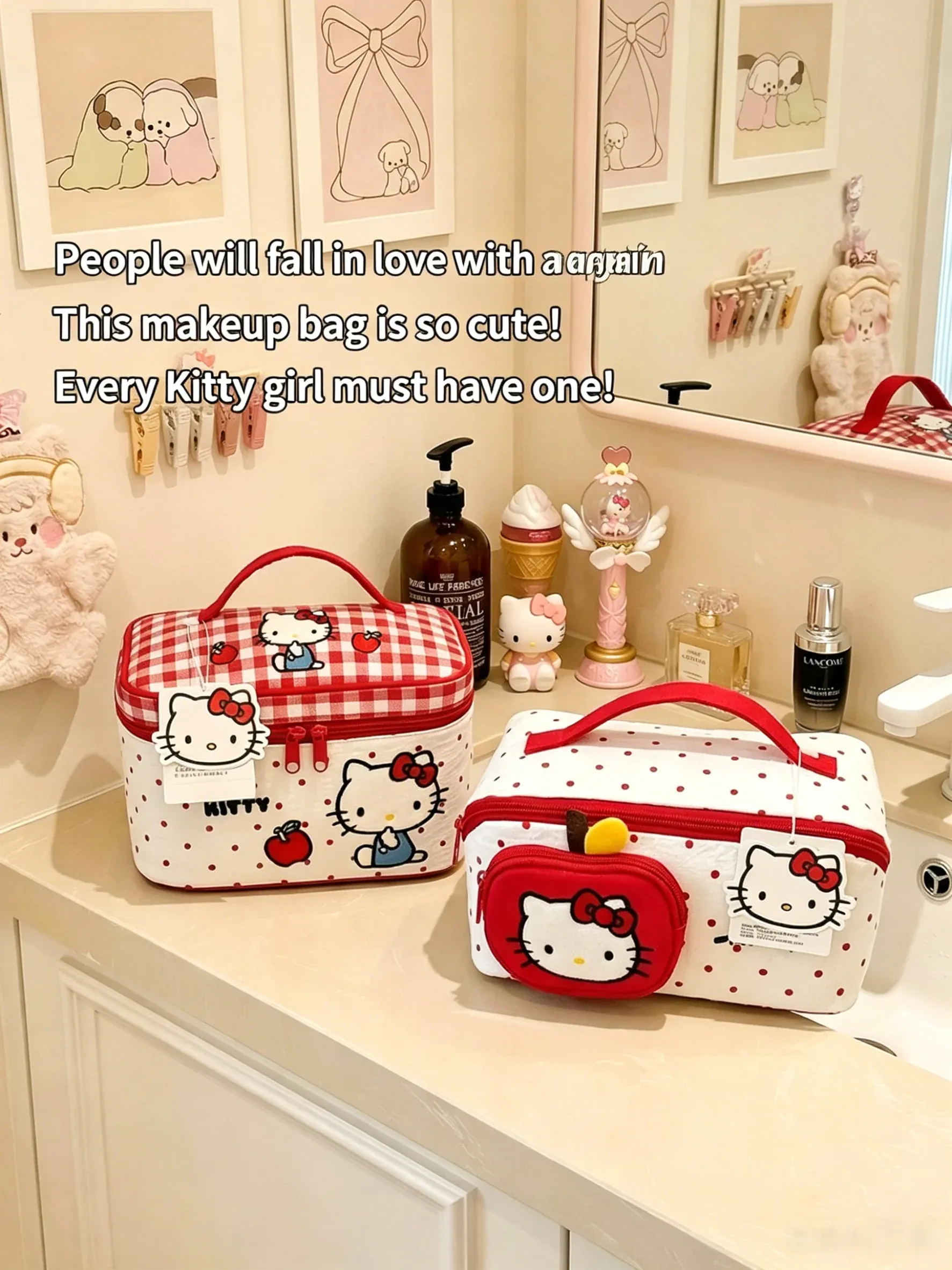 Trousse de toilette Hello Kitty grande capacité, organisateur de maquillage de voyage avec poignée - Image 1