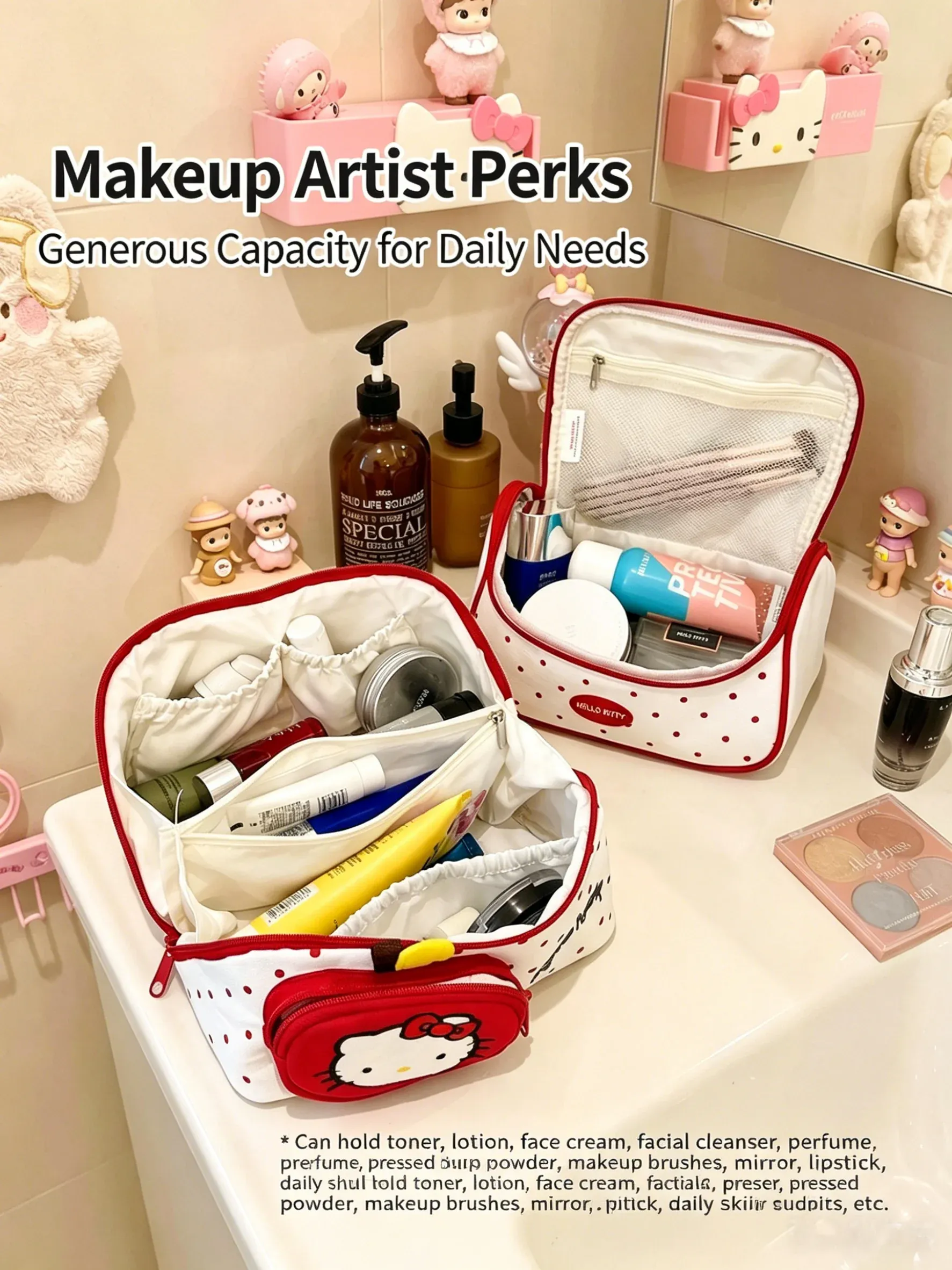 Trousse de toilette Hello Kitty grande capacité, organisateur de maquillage de voyage avec poignée 2
