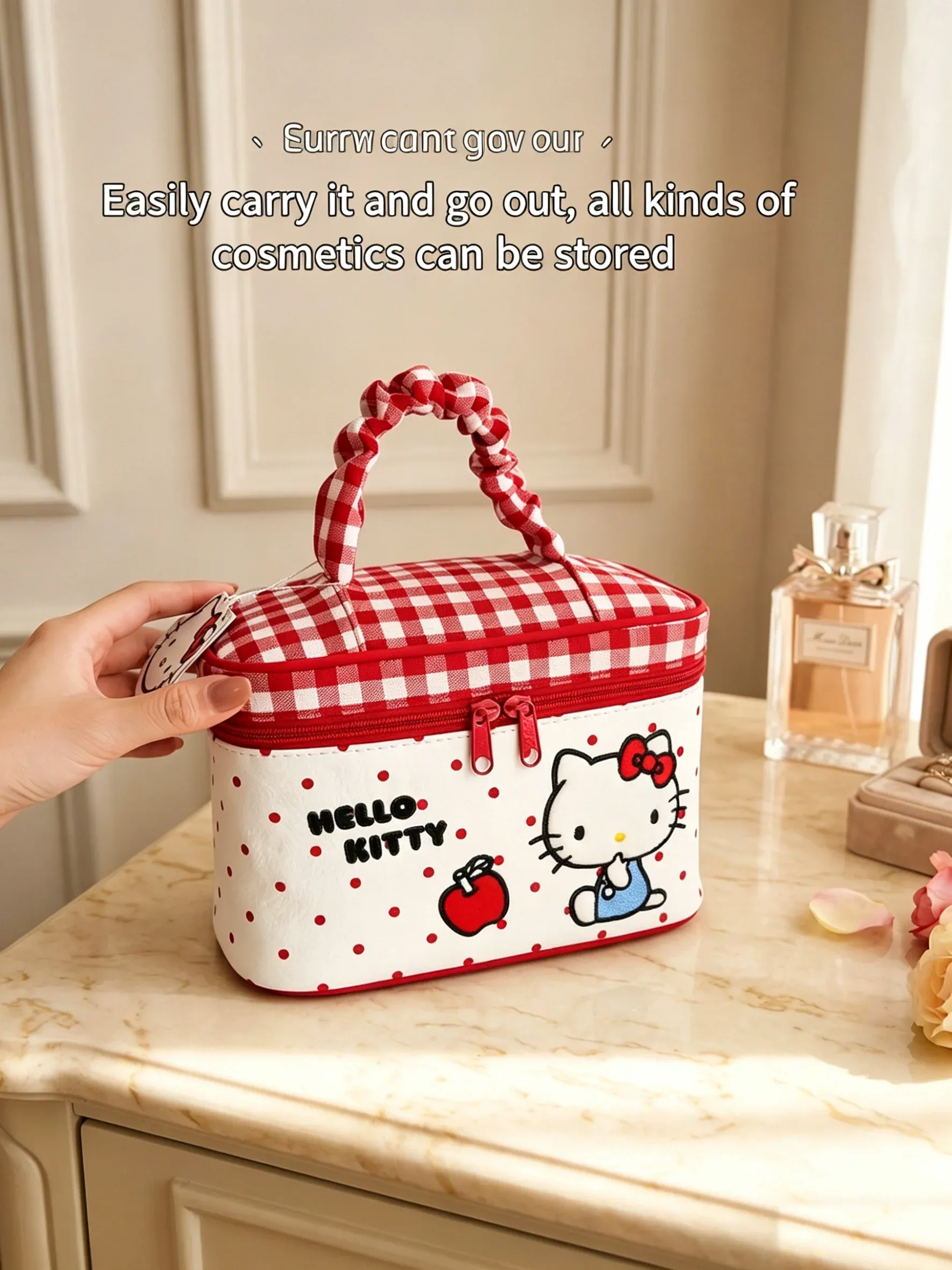 Trousse de toilette Hello Kitty grande capacité, organisateur de maquillage de voyage avec poignée 3