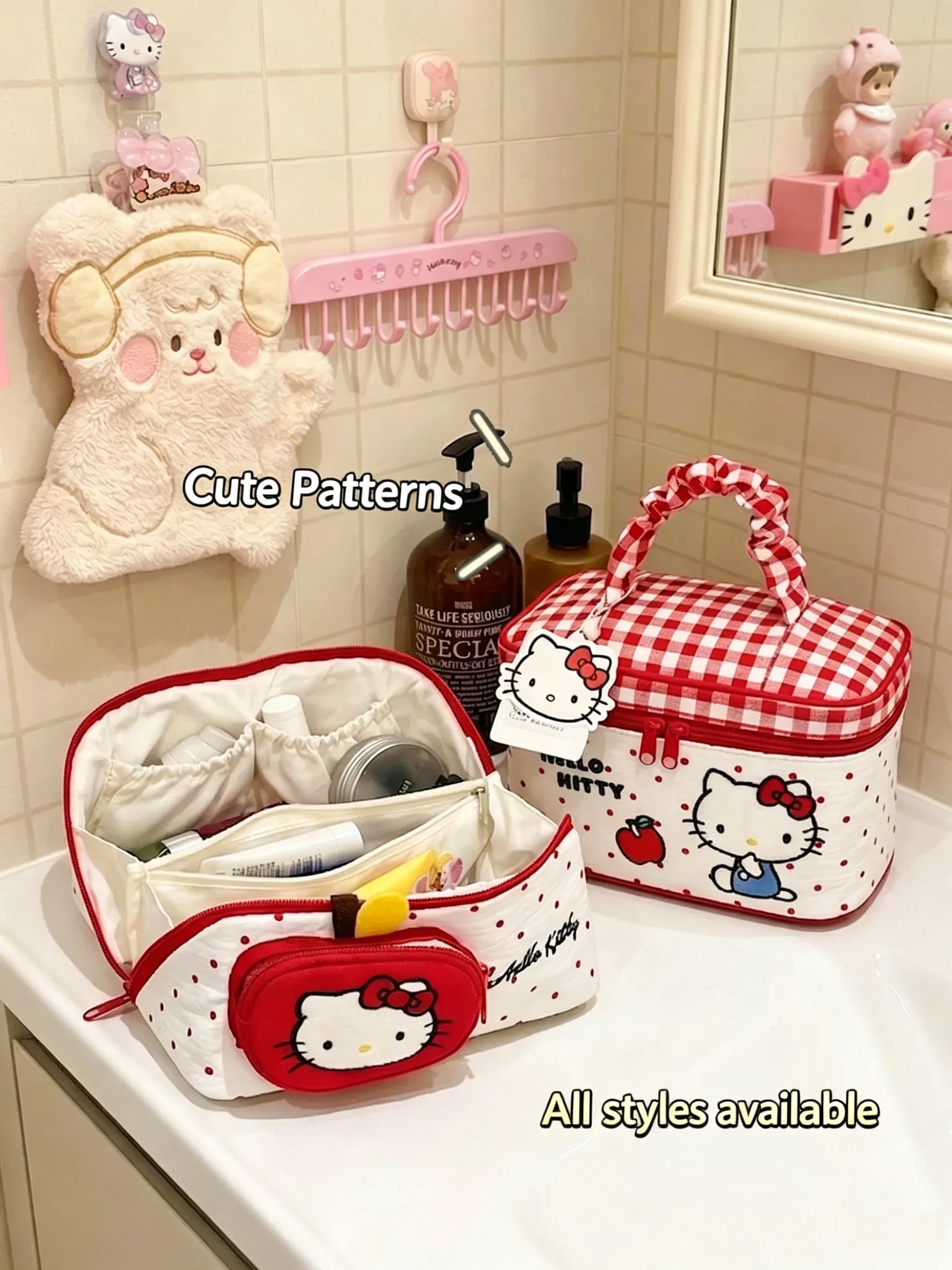 Trousse de toilette Hello Kitty grande capacité, organisateur de maquillage de voyage avec poignée 4