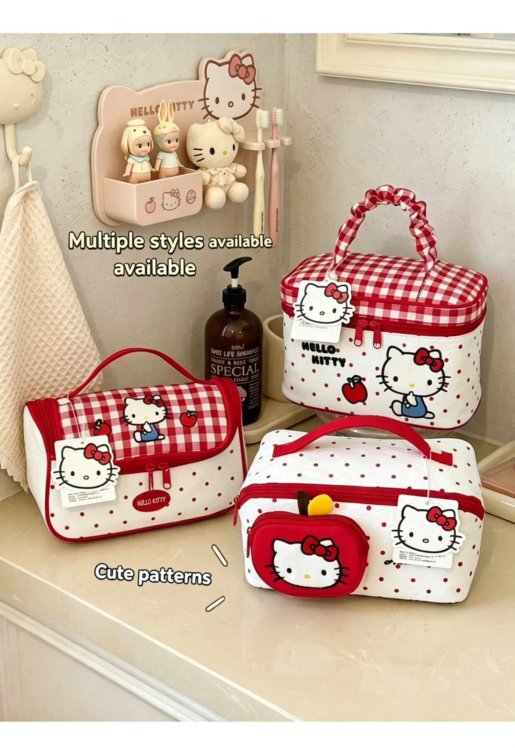 Trousse de toilette Hello Kitty grande capacité, organisateur de maquillage de voyage avec poignée 5
