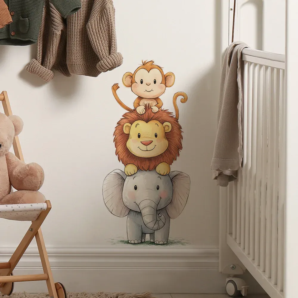 Autocollants muraux animaux de la forêt pour chambre d'enfant, en vinyle, éléphant et lion - Image 1