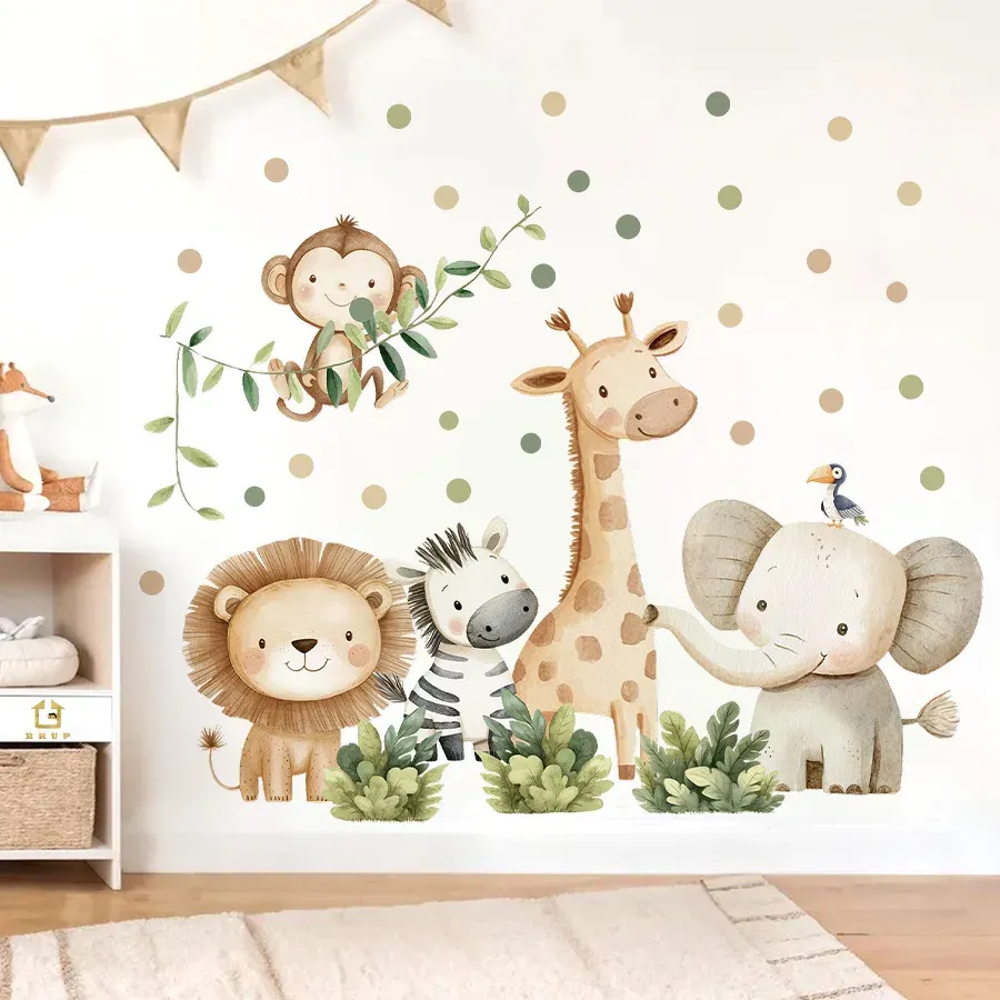 Autocollants muraux animaux de la forêt pour chambre d'enfant, en vinyle, éléphant et lion 6