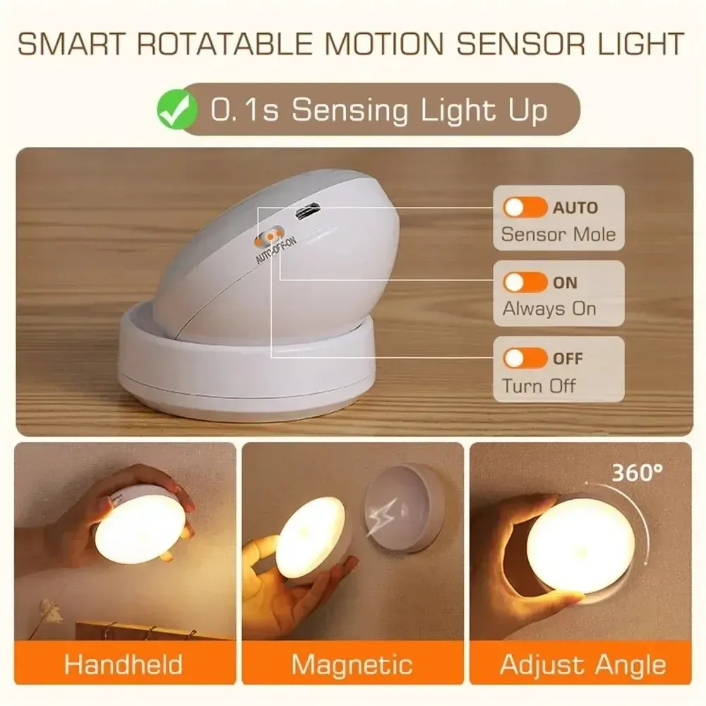 Veilleuse à détection de mouvement rechargeable sans fil à LED rotative à 360°, magnétique, pour cuisine ou chevet 3