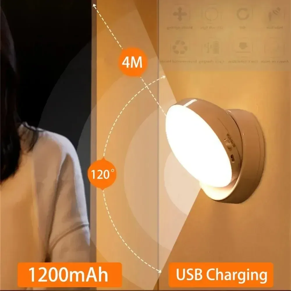 Veilleuse à détection de mouvement rechargeable sans fil à LED rotative à 360°, magnétique, pour cuisine ou chevet 6
