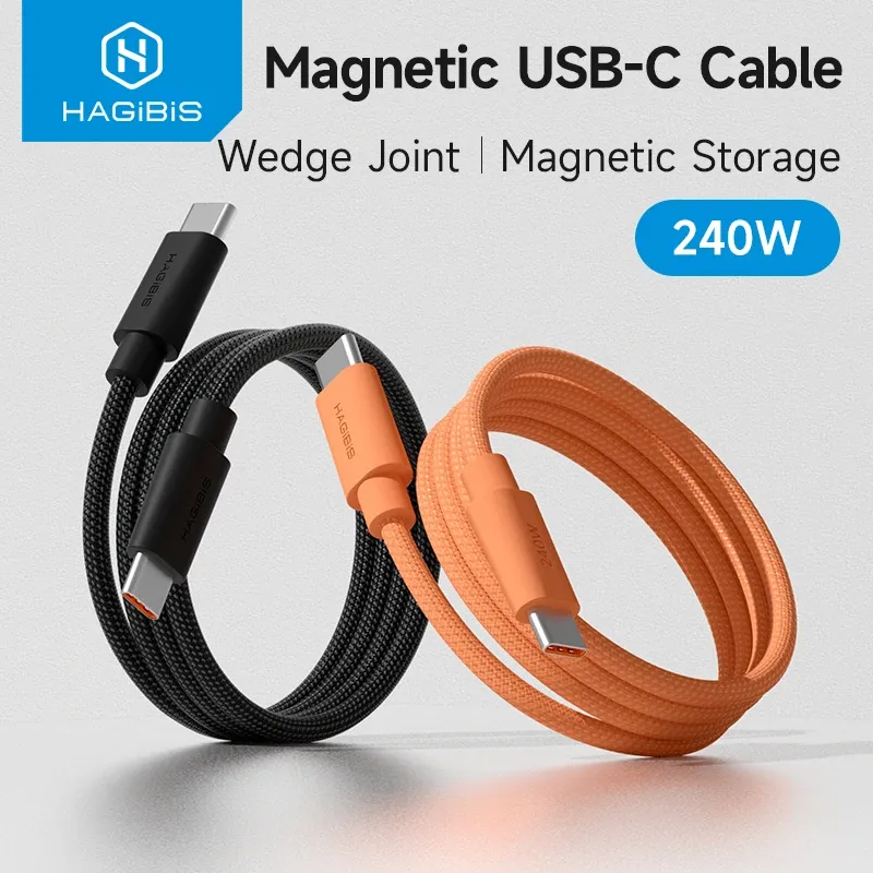 Câble USB-C magnétique Hagibis enroulé, charge rapide 240 W, compatible CarPlay iPhone 16/17 Pro