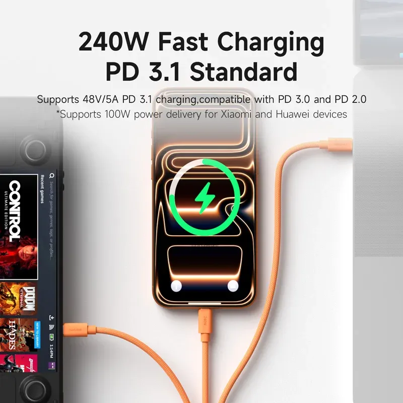 Câble USB-C magnétique Hagibis enroulé, charge rapide 240 W, compatible CarPlay iPhone 16/17 Pro 4