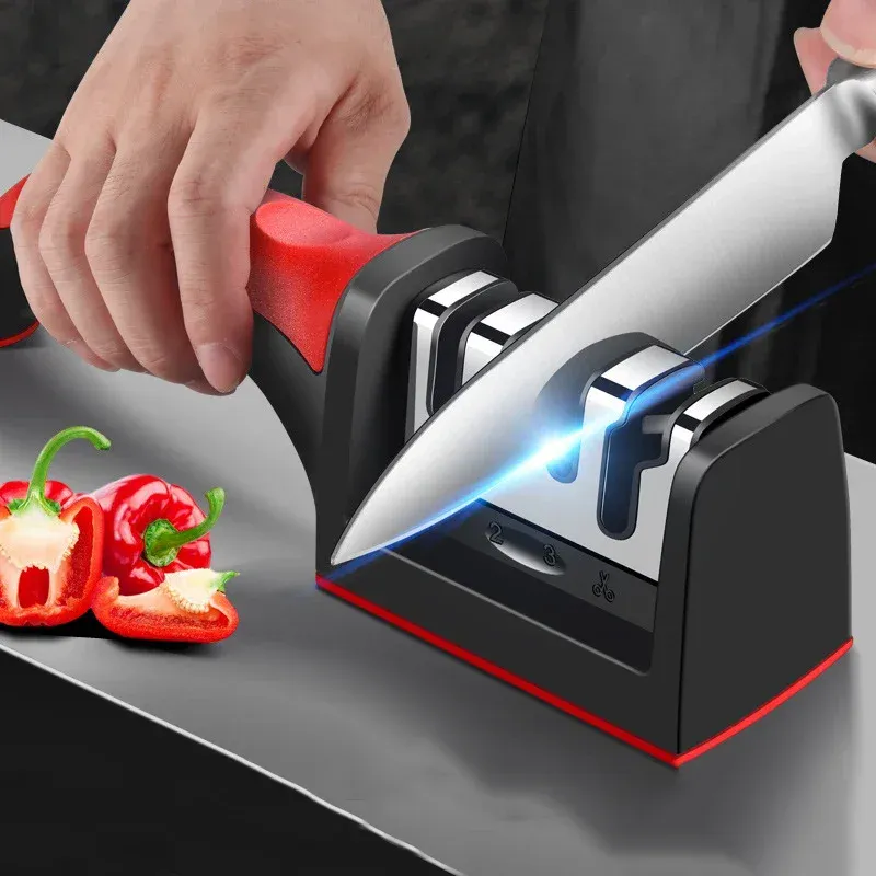 Aiguiseur de couteaux 4 segments en acier inoxydable, pour couteaux de cuisine, pierre à aiguiser 3 fonctions pour outils de cuisine 2