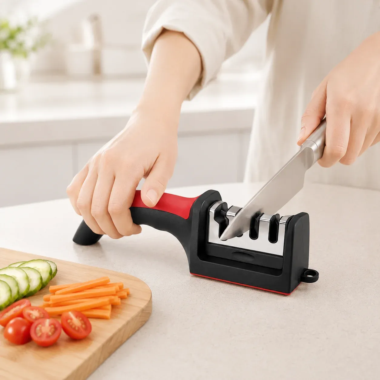 Aiguiseur de couteaux 4 segments en acier inoxydable, pour couteaux de cuisine, pierre à aiguiser 3 fonctions pour outils de cuisine - Image 1