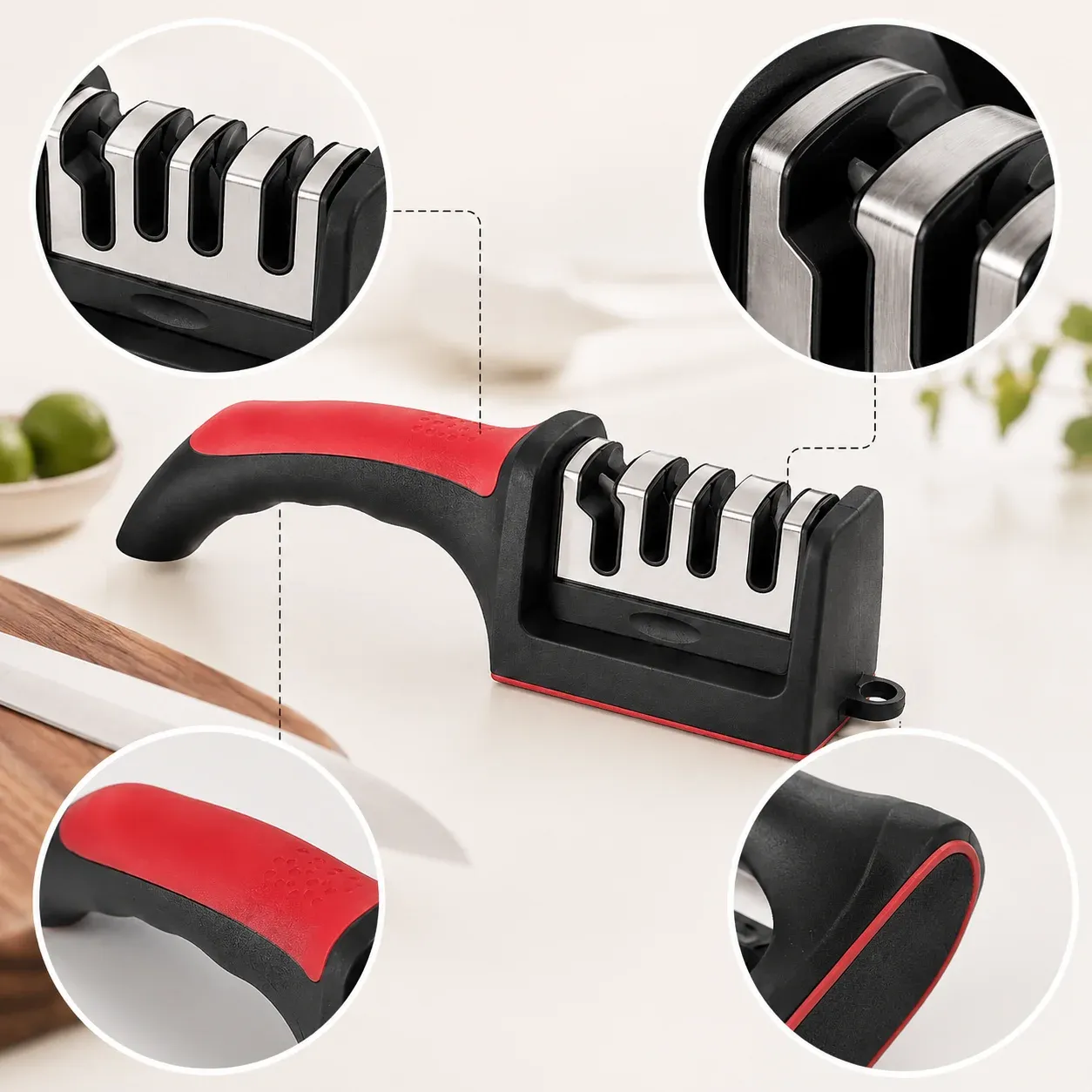 Aiguiseur de couteaux 4 segments en acier inoxydable, pour couteaux de cuisine, pierre à aiguiser 3 fonctions pour outils de cuisine 3