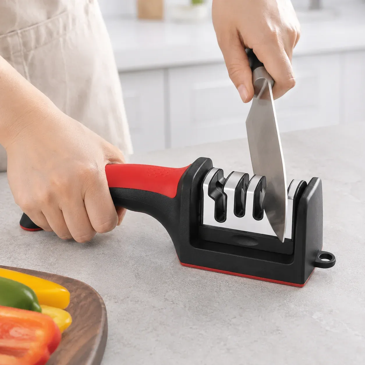 Aiguiseur de couteaux 4 segments en acier inoxydable, pour couteaux de cuisine, pierre à aiguiser 3 fonctions pour outils de cuisine 5
