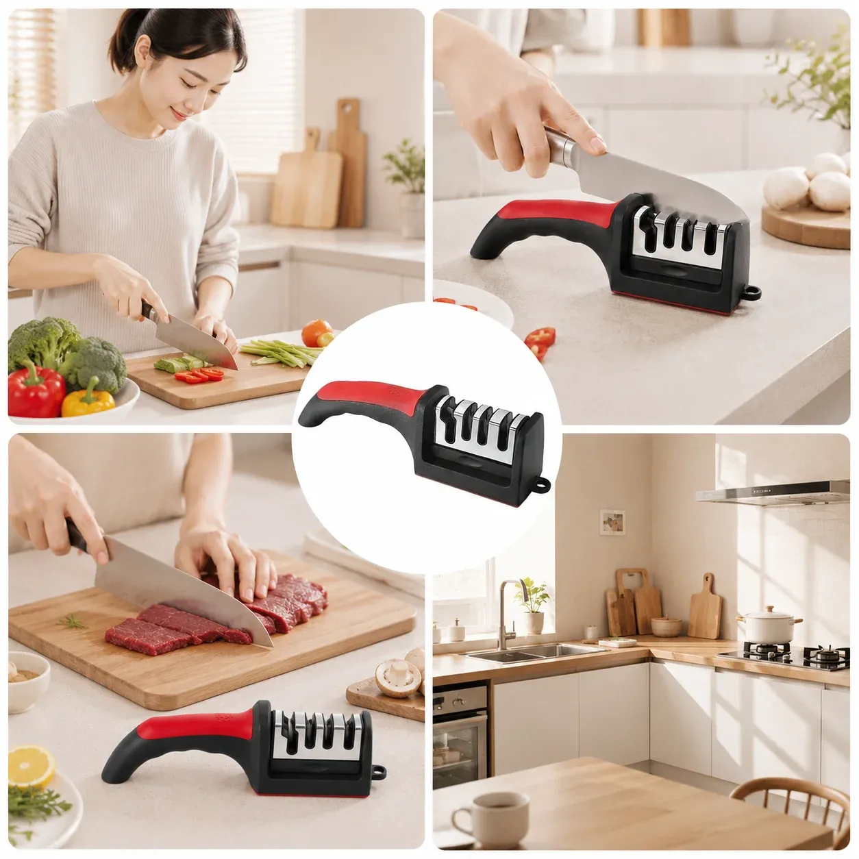 Aiguiseur de couteaux 4 segments en acier inoxydable, pour couteaux de cuisine, pierre à aiguiser 3 fonctions pour outils de cuisine 6