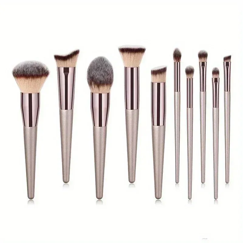 Ensemble de pinceaux de maquillage 10 pièces, pinceaux or champagne, poils vegan sans cruauté, kit complet pour le maquillage du visage et des yeux 3