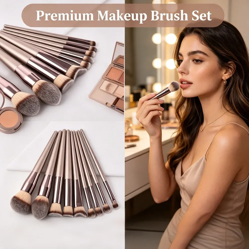 Ensemble de pinceaux de maquillage 10 pièces, pinceaux or champagne, poils vegan sans cruauté, kit complet pour le maquillage du visage et des yeux 6