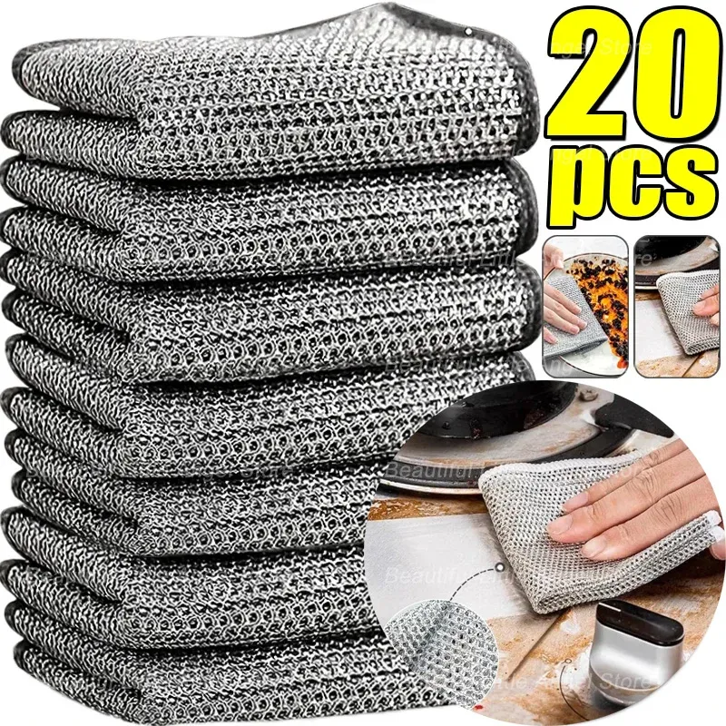 Lot de 5 ou 20 torchons en fil d'acier épaissi à double couche, anti-rayures, pour grill et vaisselle
