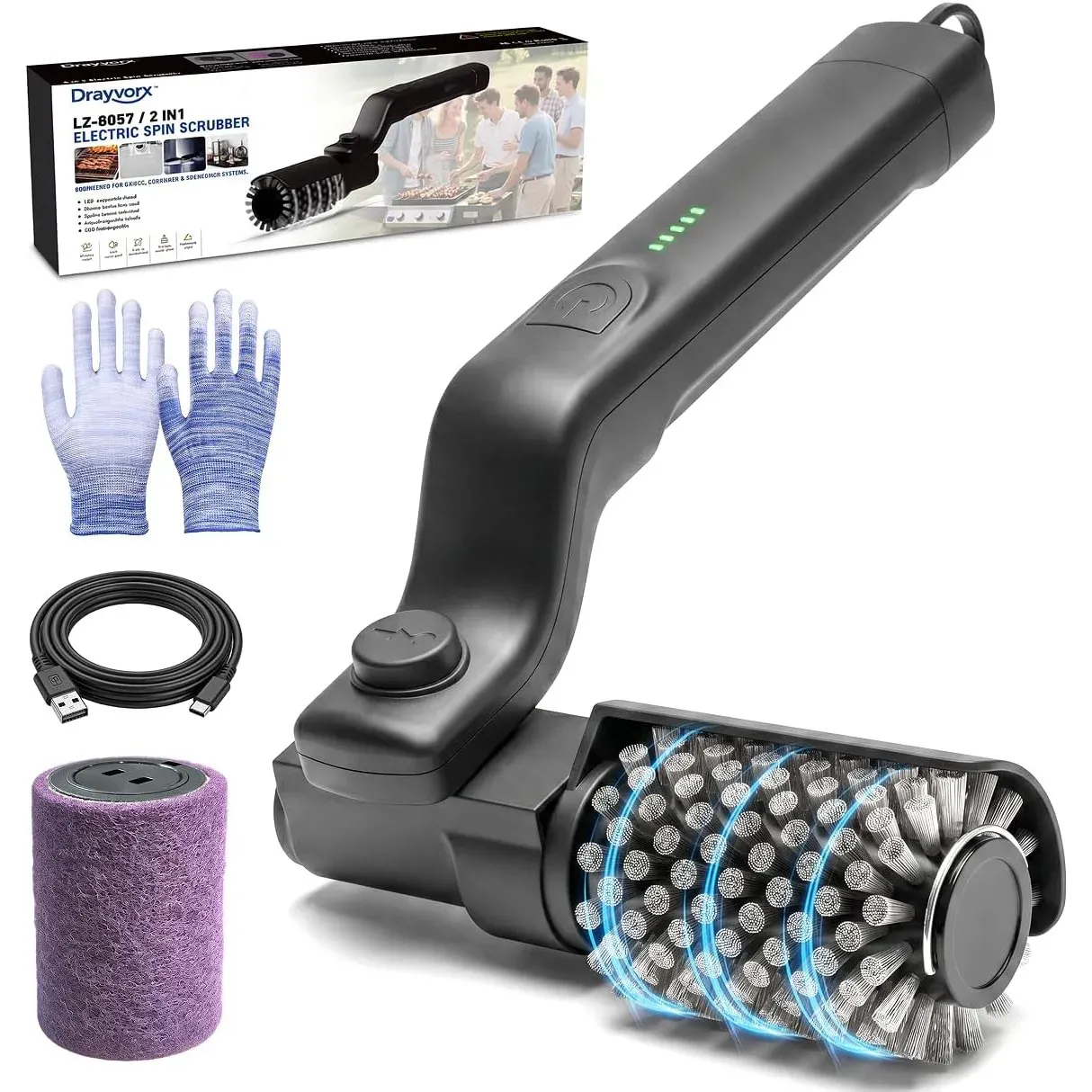 Brosse de nettoyage électrique rechargeable sans fil pour barbecue, grilles en fer, gaz et charbon de bois 7