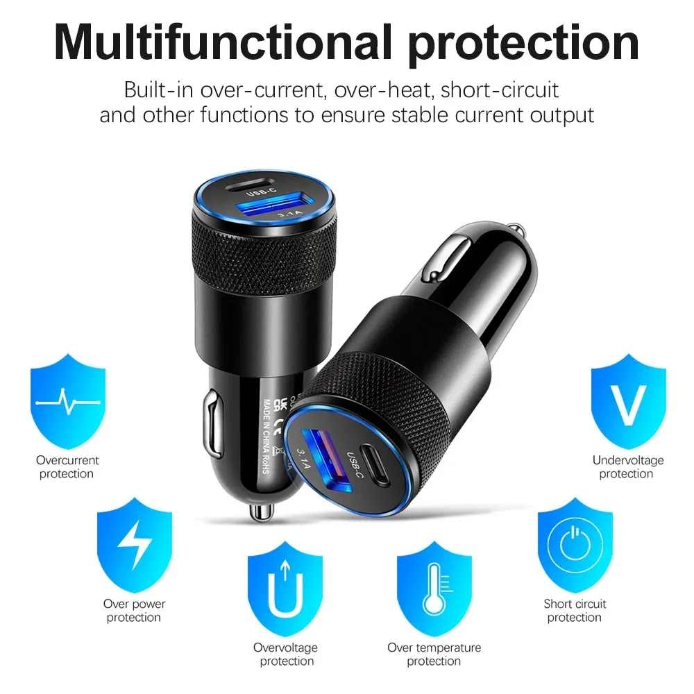 Chargeur de voiture USB-C 66 W, finition métallique