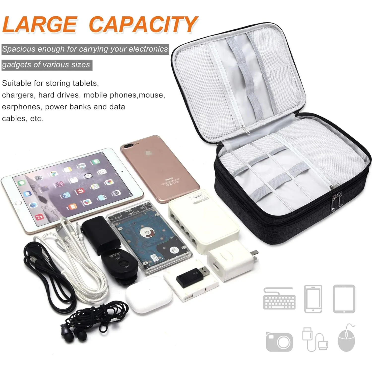 Sac de rangement pour câbles 3 tailles, étui de voyage portable pour câbles et chargeurs 3