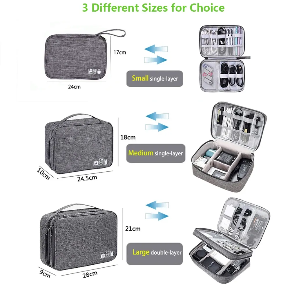 Sac de rangement pour câbles 3 tailles, étui de voyage portable pour câbles et chargeurs 6