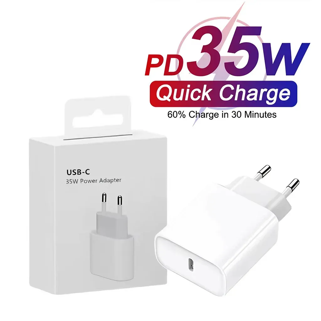 Chargeur de voyage USB-C PD 35W pour iPhone 17 Air/16/15/14/13/12/11, Pro Max, XS, XR et Samsung, prise UE, avec boîte de vente au détail