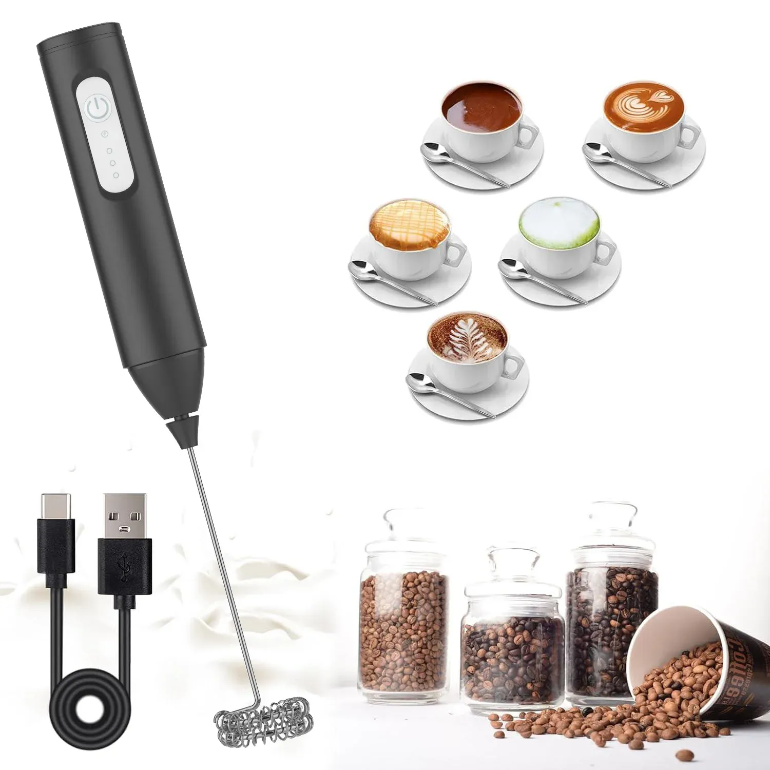 Mousseur à lait USB rechargeable, 3 vitesses, mini batteur électrique pour café