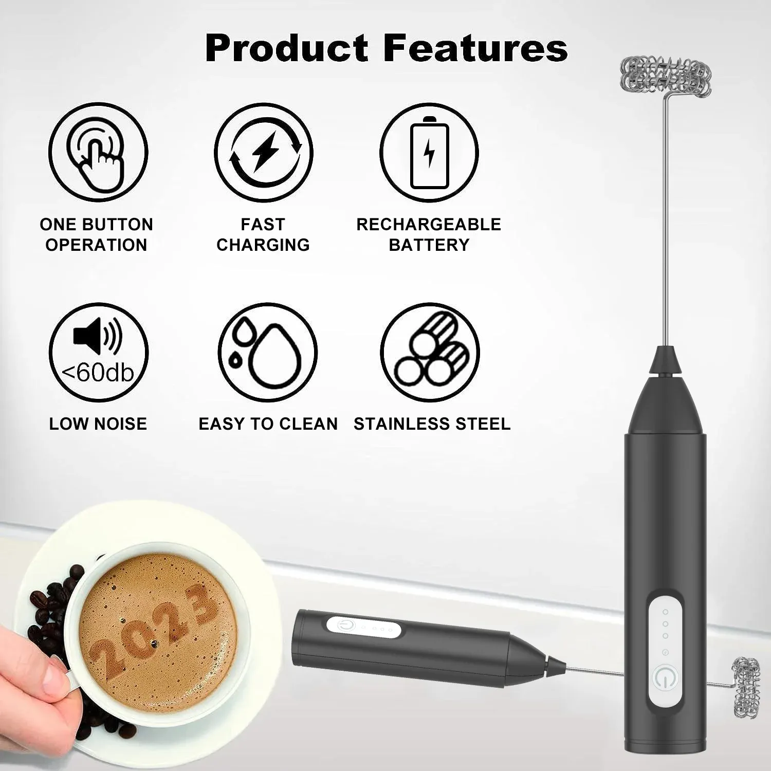 Mousseur à lait USB rechargeable, 3 vitesses, mini batteur électrique pour café 2