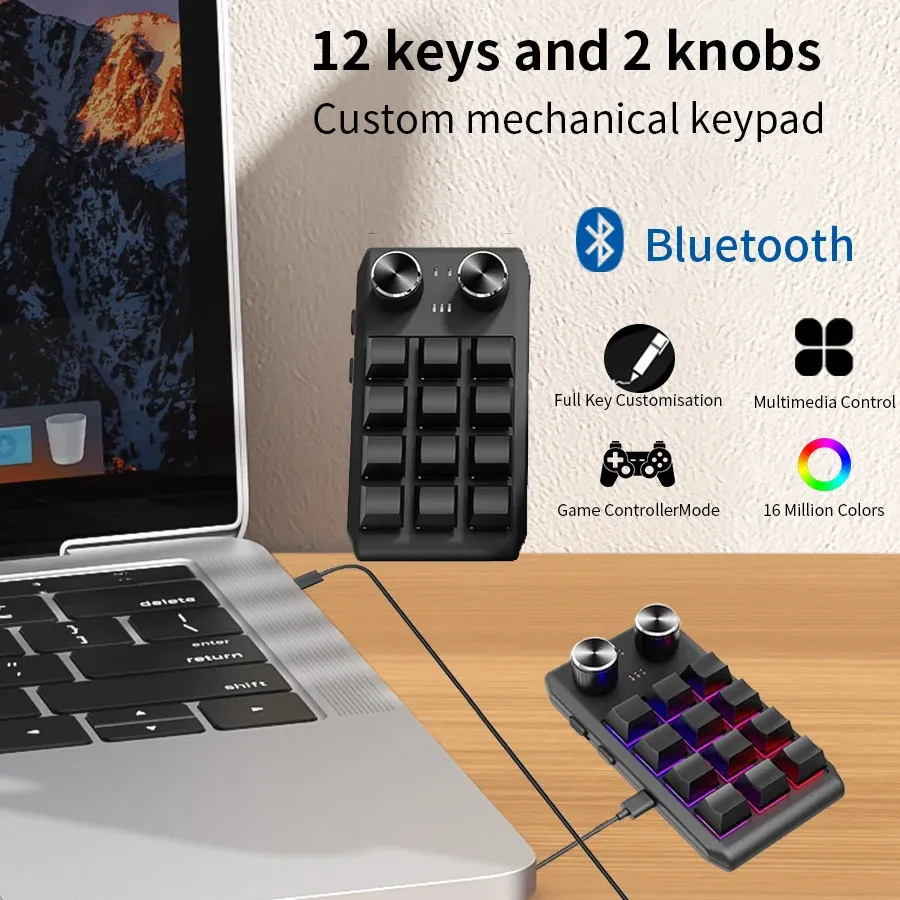 Macropad mécanique Bluetooth programmable 12 touches avec 2 boutons RVB, compatible switches Hotswap