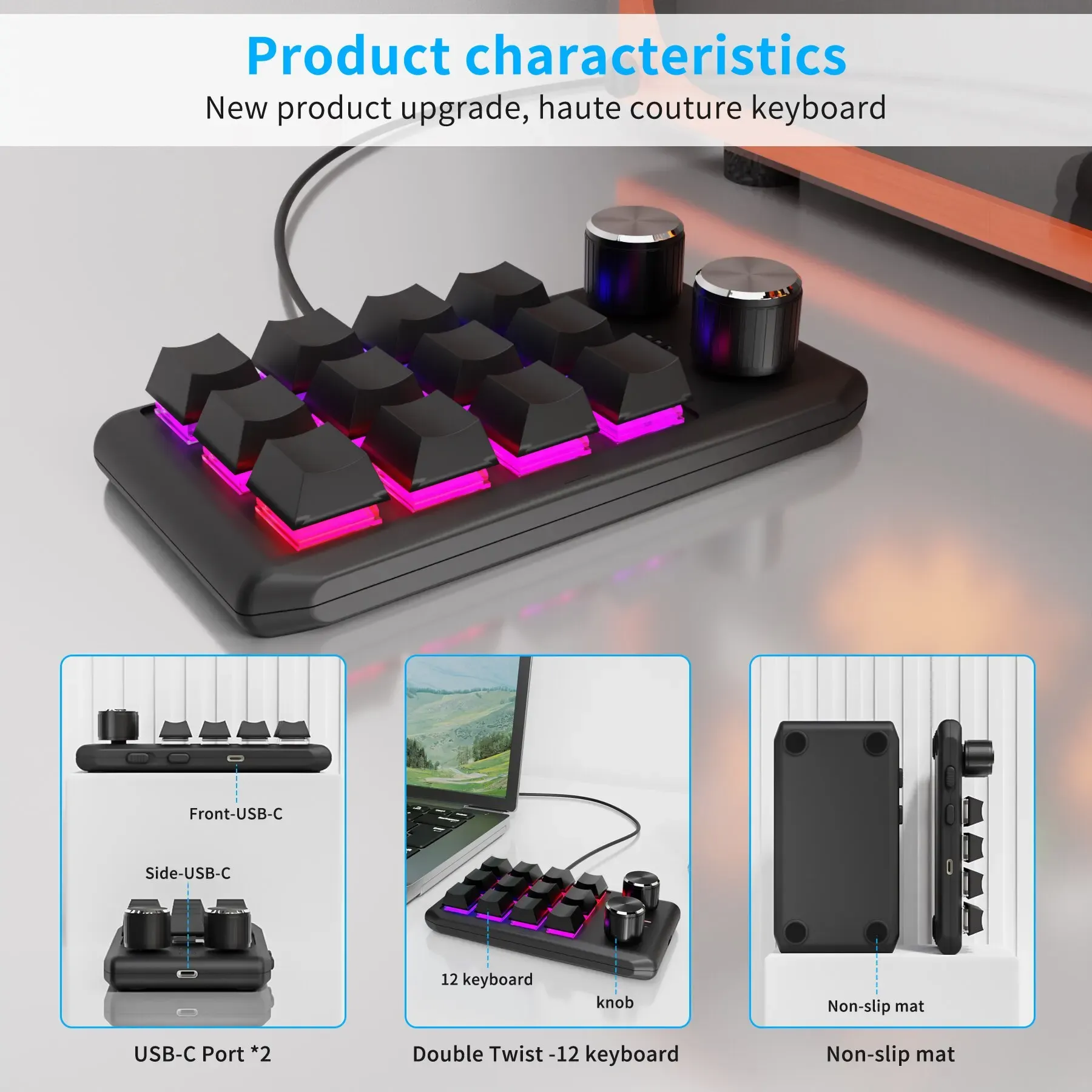 Macropad mécanique Bluetooth programmable 12 touches avec 2 boutons RVB, compatible switches Hotswap 4
