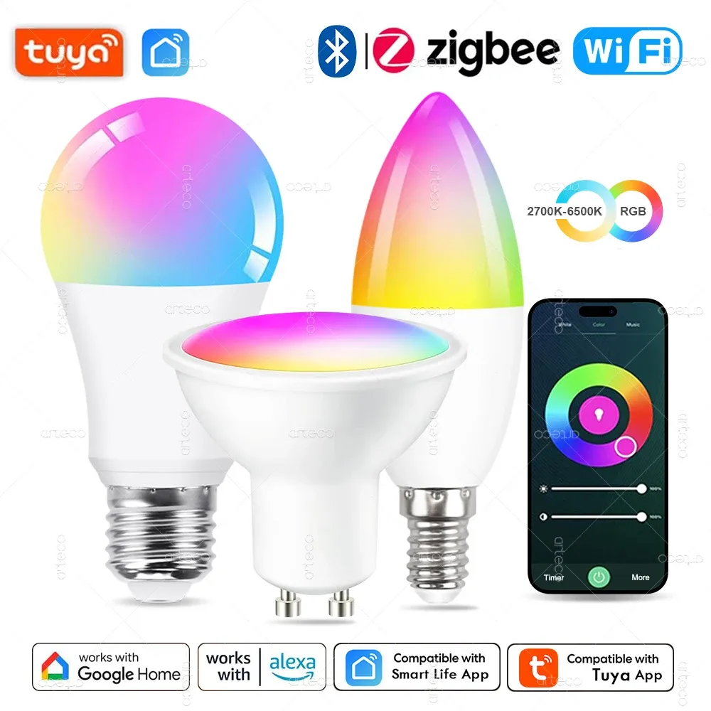 Ampoule LED intelligente Tuya E14 à intensité variable, WiFi, Zigbee et Bluetooth, 2700–6500 K, RVB, compatible Alexa et Google