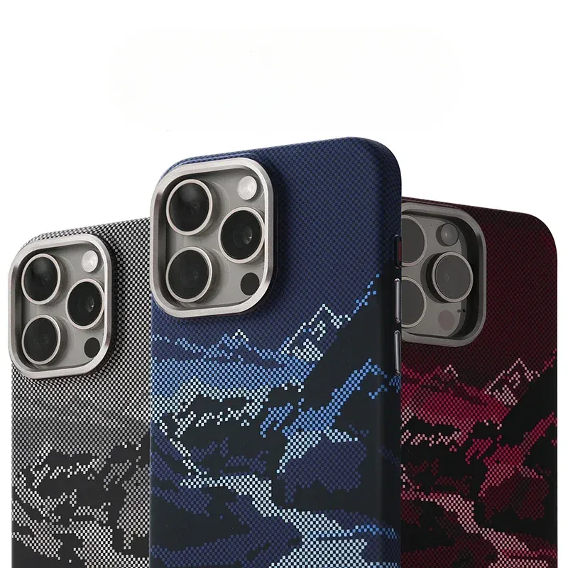 Coque MagSafe rigide à motif paysage abstrait en relief pour iPhone 14 Pro Max, 15, 16 et 17, compatible charge sans fil, protège-objectif en alliage - Image 1