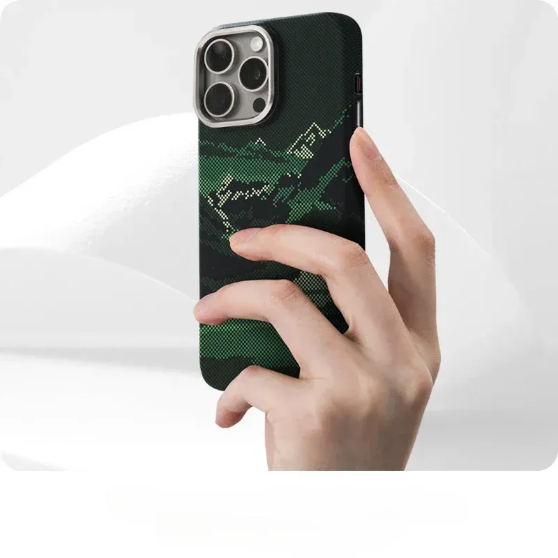 Coque MagSafe rigide à motif paysage abstrait en relief pour iPhone 14 Pro Max, 15, 16 et 17, compatible charge sans fil, protège-objectif en alliage 2