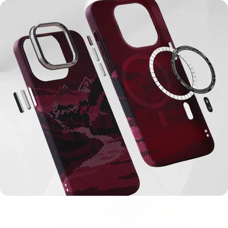 Coque MagSafe rigide à motif paysage abstrait en relief pour iPhone 14 Pro Max, 15, 16 et 17, compatible charge sans fil, protège-objectif en alliage 5