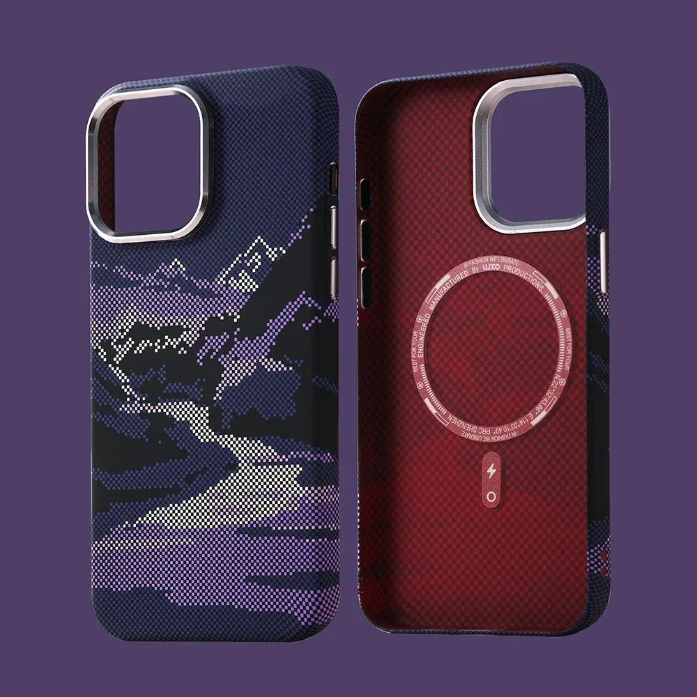 Coque MagSafe rigide à motif paysage abstrait en relief pour iPhone 14 Pro Max, 15, 16 et 17, compatible charge sans fil, protège-objectif en alliage 7