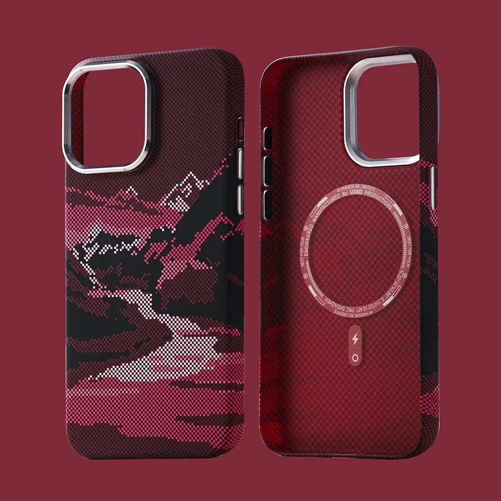 Coque MagSafe rigide à motif paysage abstrait en relief pour iPhone 14 Pro Max, 15, 16 et 17, compatible charge sans fil, protège-objectif en alliage 8