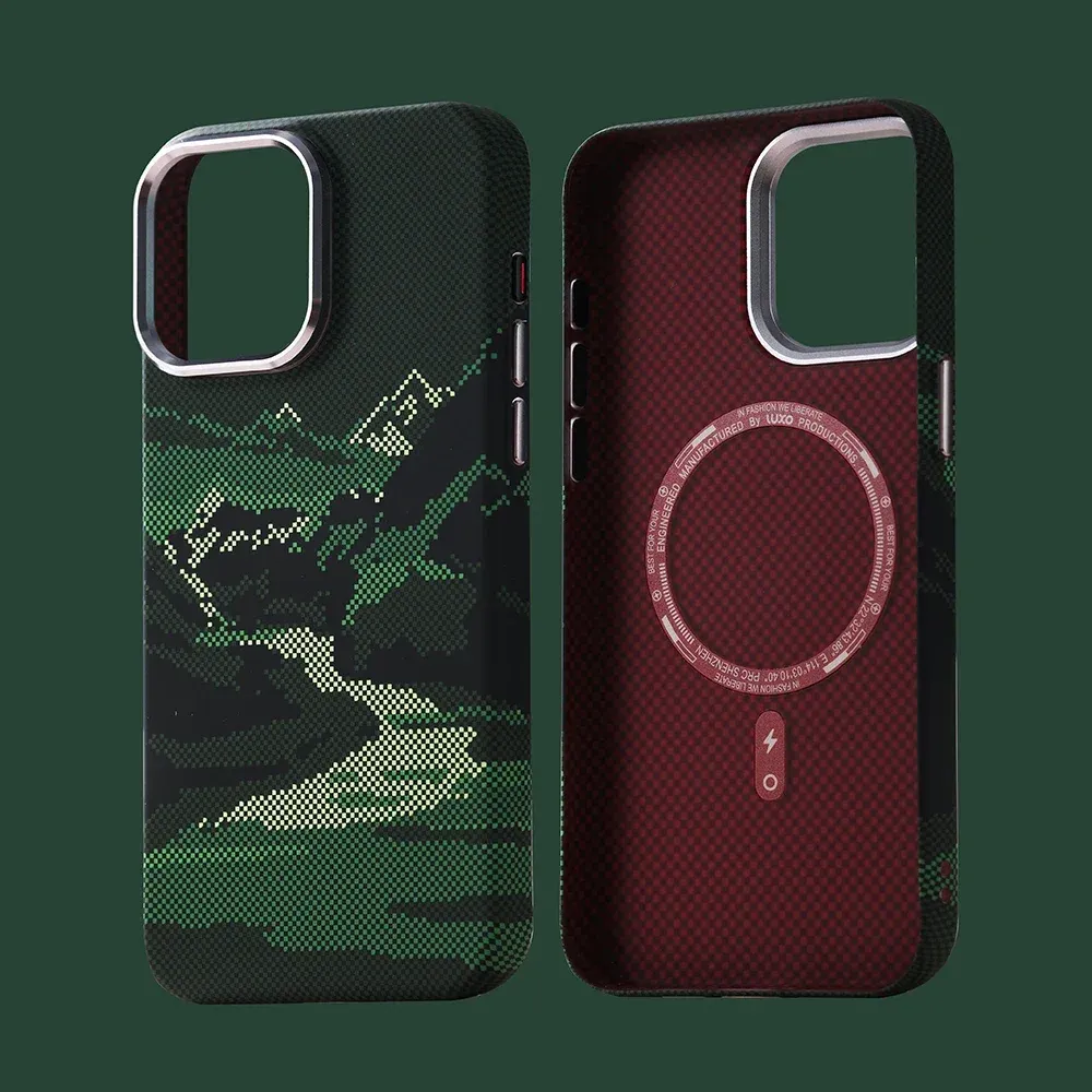 Coque MagSafe rigide à motif paysage abstrait en relief pour iPhone 14 Pro Max, 15, 16 et 17, compatible charge sans fil, protège-objectif en alliage 9