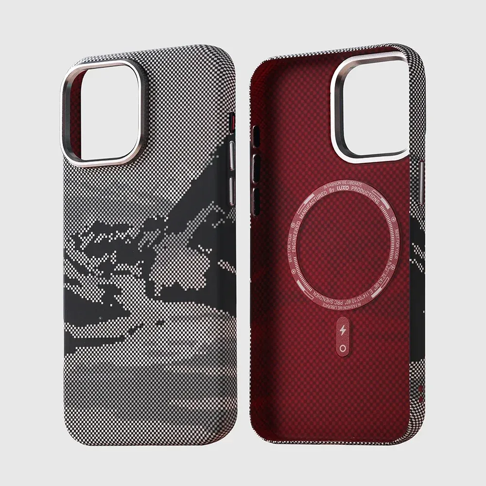Coque MagSafe rigide à motif paysage abstrait en relief pour iPhone 14 Pro Max, 15, 16 et 17, compatible charge sans fil, protège-objectif en alliage 11